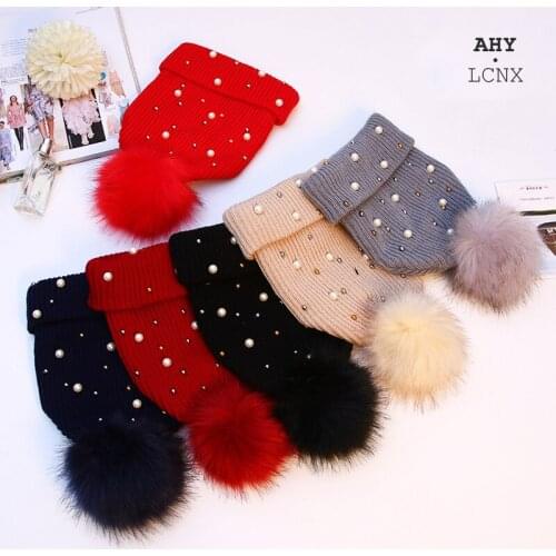 Fashion Pearl Fur Pom Winter Warm Knitted Hats Bonnet for Women Girls Skullies Beanie Hat Femme Cap gorras invierno Casual