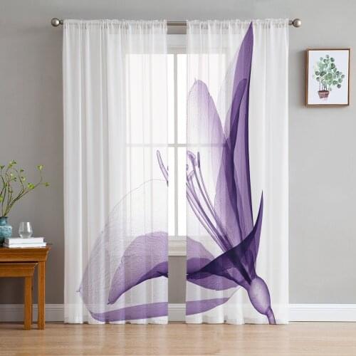 Purple Flower Bloom Petal Art Voile Curtains for Living Room Window Treatment Sheer Curtains for Bedroom Kitchen Drapes