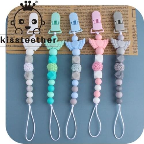Kissteether Food Grade Silicone Teething Bead Angel Wing BPA Free Baby Nipple Clip Chain Nipple Holder Baby Shower Gift