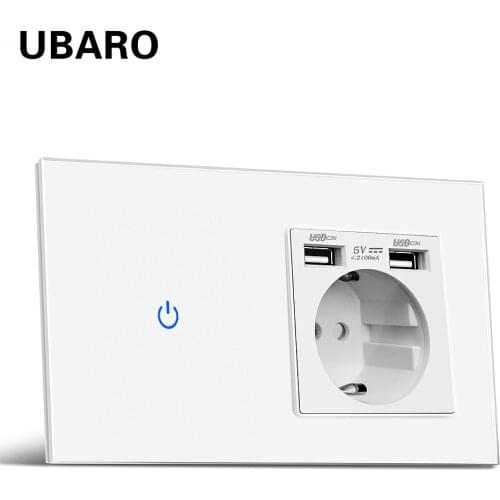 UBARO Gr Tempered Crystal Glass Wall Panel Light Touch Eu/Uk Switch&Usb Socket Electrical Sensor Button Power Outlet 5V 2100mA