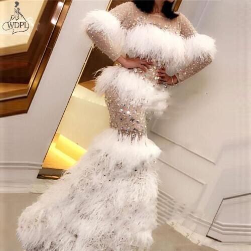 Sparkly Crystals Feathers Prom Dresses Long Sleeves 2020 Dubai Arabic Mermaid Evening Dress Luxury Robe vestidos Chic Gala Gowns
