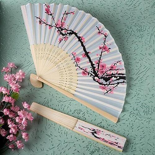 Classical Cherry Blossom Print Folding Hand Fans Flower Print Vintage Fan White Polyester Fans Summer Girls Dancing Fan
