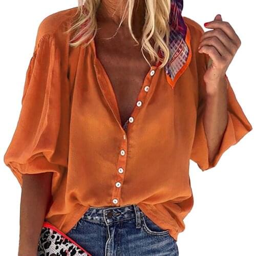 Women Blouse Shirt Casual Autumn Lantern Sleeve Solid Color Women Blouse Simple V-Neck Buttons Closure Casual Shirt Streetwear