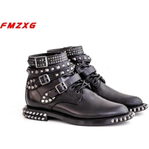 Winter Luxury Brands Women Rivets Boots Motorcycle Biker Shoes Lacing Platform Shoes Women Brand Shoes Genuine Leather Hot Shoes