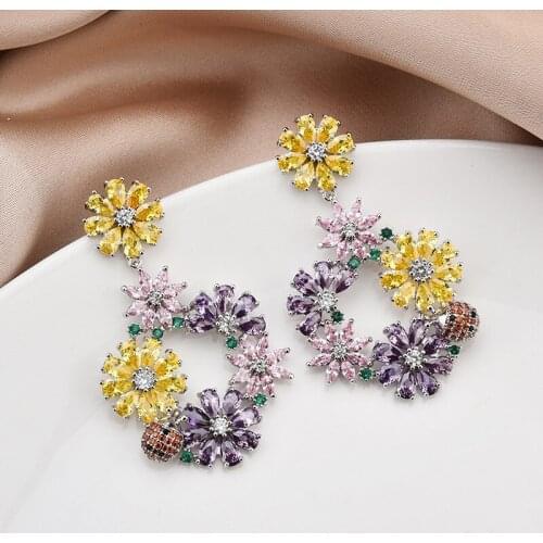 Colorful Crystal Flower ladybug Earings For Female Silver Needle Christmas Wedding Party Luxury Earring Women Fashion Jewelry