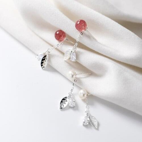 COLUSIWEI High Quality 925 Sterling Silver Strawberry Crystal Pearl Drop Earrings for Women Leaf Dangle Earring Fine Jewelry