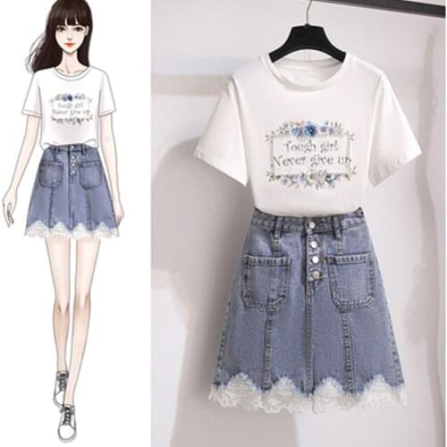 2021 Summer 2 Pieces Skirt Set for Women Short Sleeve Beaded Sequins T Shirt Tops + Patchwork Lace Denim Shorts Conjuntos Female