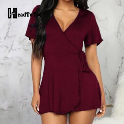 Solid Lace Up Pleated Elegant OL Romper Woman Short Sleeve V Neck Above Knee Pantskirt Playsuit Women