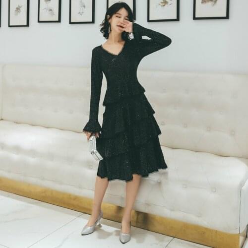 L-5XL Large Size Cake Style Kawaii Cute Ladies Dresses Long Flare Sleeve Midi Dress Women Sheer Casual Sequin Dress Elegant Robe