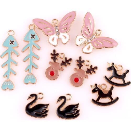 10pcs Enamels Deer Swan Fish Bone Butterfly Alloy Earring Charms DIY Handmade Making Hair Necklace Jewelry Pendant Accessories