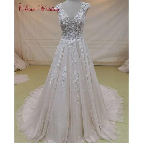 100% Real Custom Lace Apllique A Line Gliter Tulle Chic Wedding Dress V Neck Cap Sleeve Gorgeous Bridal Gown robe de mariée