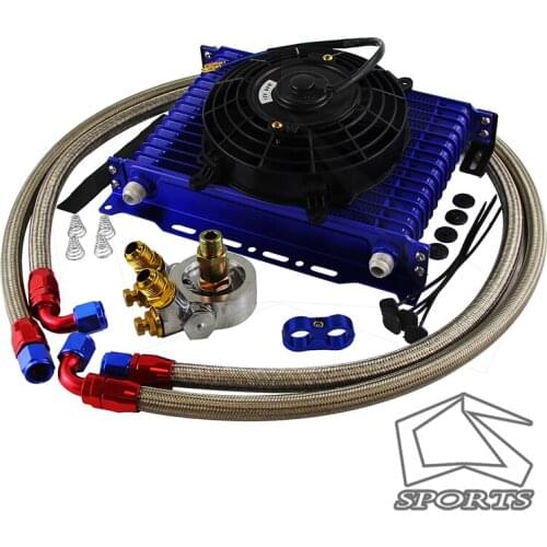 15 Row Oil Cooler Kit w/Thermostat Oil Filter Adapter Kit+7" Electric Fan Kit