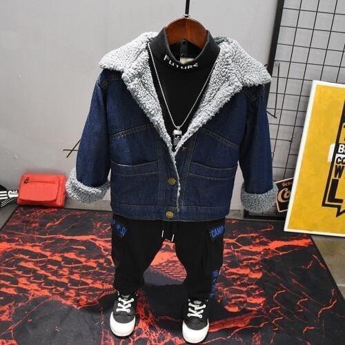 Baby Boys Jacket Winter Kids Warm Thicken jacket + plush T-shirt + plush pants 3pcs Children Outerwear Coat Toddler Boy Clothing