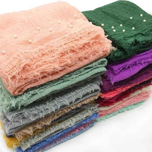 55colors Bubble Cotton Muslim Scarf Hijabs Long Shawl Plain Fringe Pearl Turban Islamic Headscarf Wraps Africa Headband 190x85cm