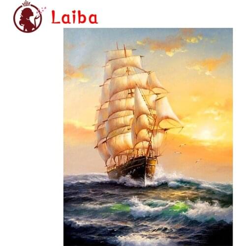 Diamond Mosaic Sunset sea sailing landscape round drill Cross Stitch Diamond Embroidery Art Painting Full Square Decor For Home