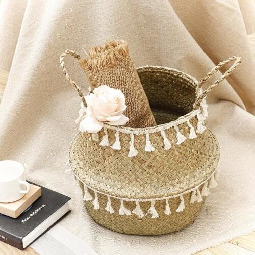 Handmade Bamboo Storage Baskets Seagrass Wicker Basket Garden Flower Pot Laundry Basket Container Toy Holder with White Tassel