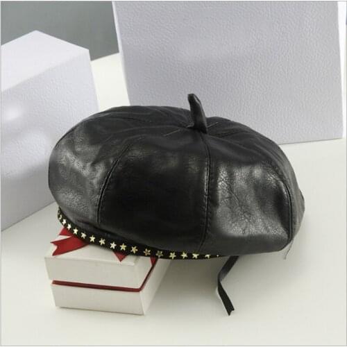 New 2021 PU Berets Hats Rivets Design Elegant Textured Painter Newsboy Hats Women Trendy Solid Color Flat Top Hats