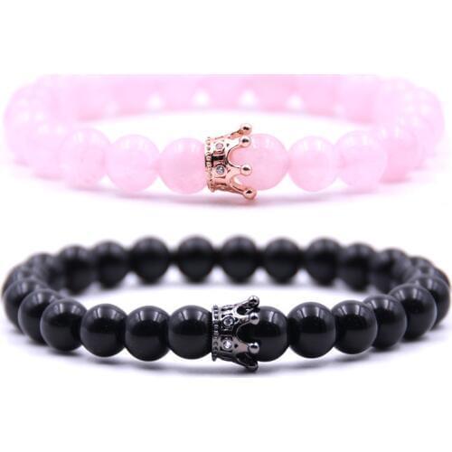 2018 New 2pcs Natural Stone Beads Crown Bracelet For Women Men Rose Gold Silver Color Stretch Distance Couple Bracelets Jewelry