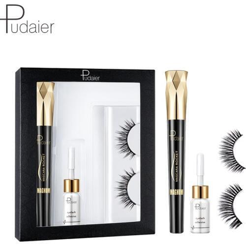 Pudaier Brand Eyes Makeup Set 4D Silk Fiber Black Mascara+False Eyelash+Eyelash Glue Thick Curling Waterproof Mascara Kit