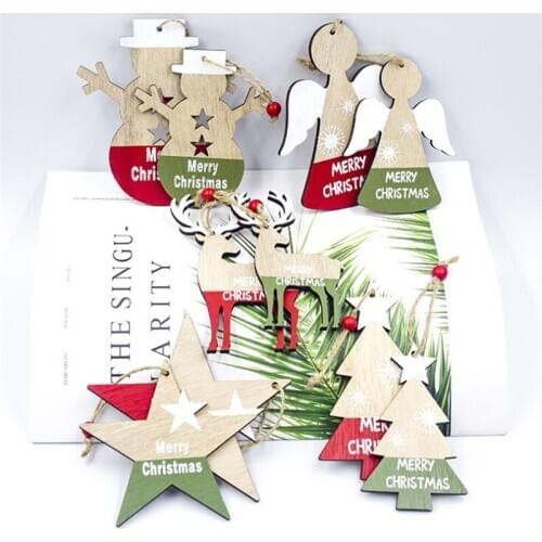 2 Pcs Christmas Tree Decoration Ornament Santa Clause Elk Star Wooden Hanging Pendant Xmas Christmas Party Decor For Home