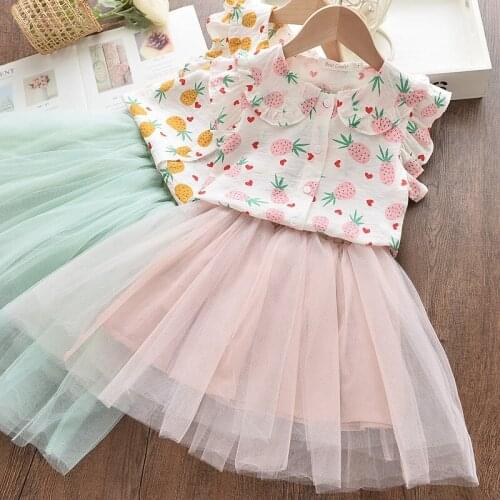 27kids Fashion Summer Girls Pineapple Short Sleeve Shirt Fluffy Mesh Skirt Baby Princess Lace Dress 3-7Years