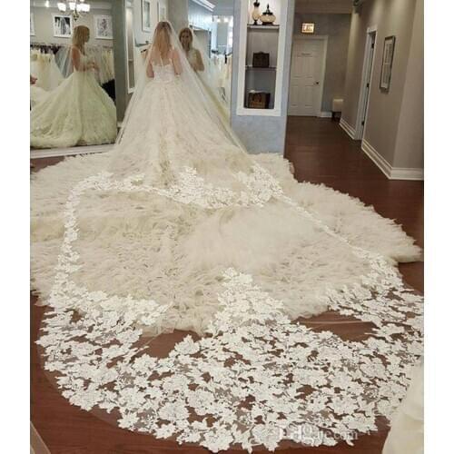 Amazing 5M One Layer Wedding Veils Lace Appliqued Long Cathedral Length Veils Custom Made Tulle Ivory Bridal Veil
