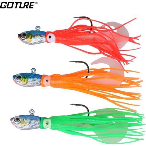Goture 3pcs/lot 12cm/30g 14cm/50g Squid Jig Fishing Lure Jig Lead Head Saltwater Fishing Bait Soft Octopus Skirt Lure Hook