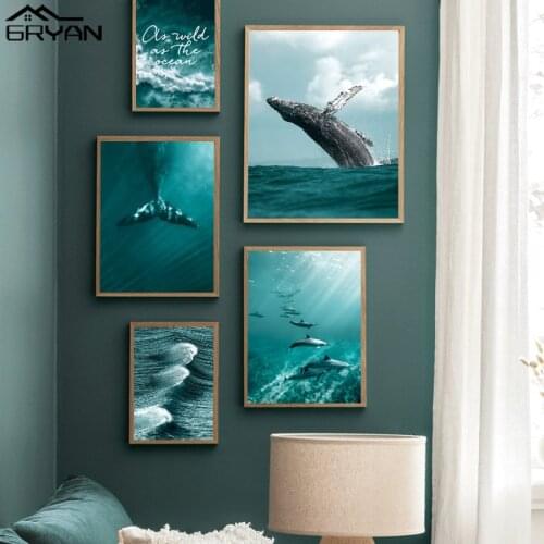 Nature Ocean Animal Whale Breaching Tail Dolphin Wall Art Nordic Canvas Print Painting Waves Seascape Poster Living Room Picture