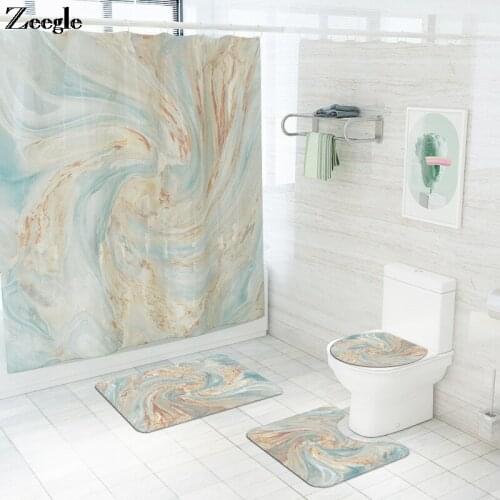 Marble Printed Bath Mat and Waterproof Shower Curtain Set Polyester Shower Curtain Set Memory Foam Toilet Mat U-Shaped Rug