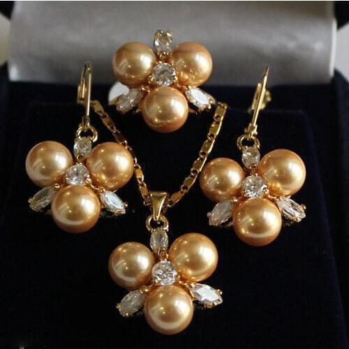 Hot selling free shipping***** Rare 8mm Yellow South Sea Shell Pearl Earrings Ring & Necklace Pendant Jewel Set