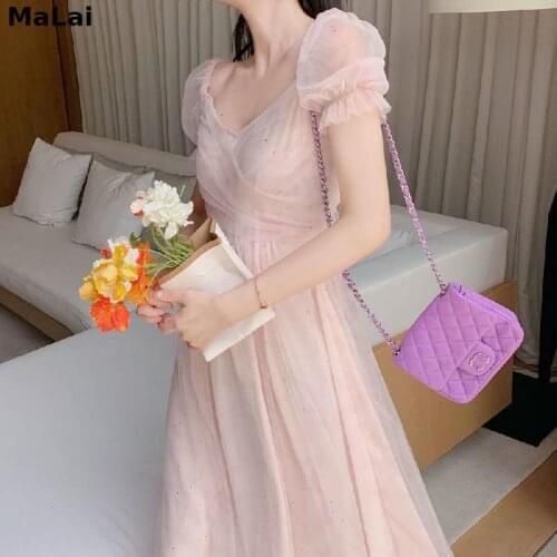 Sweet Elegant Dress Women Short Sleeve Lace Tulle Fairy Dress Korean V-Neck 2021 Summer Office Lady Party Beach One Piece Dress