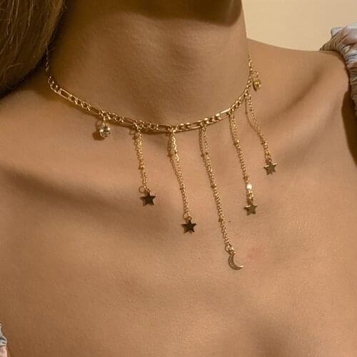 Fashion Moon Star Tassel Pendant Necklace for Women Clavicle Chain Choker Necklace Party Jewelry Accessories