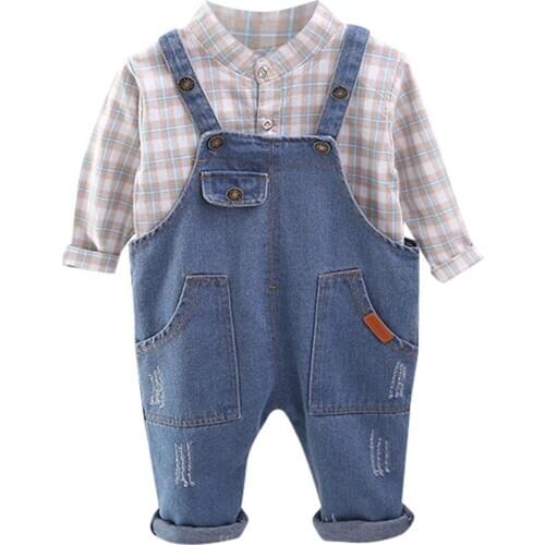 Fashion Plaid Denim Bib Set (1-5Y) Boys' Long Sleeve Plaid Shirt Top + Denim Bib Pants Overalls Outfits L1213