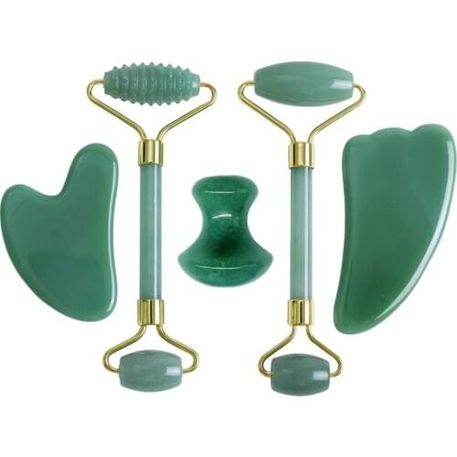 Natural Jade Face Massage Roller Gouache Scraper Set Aventurine Gouache Stone Facial Roller Massager Gua Sha Scraper Face Roller