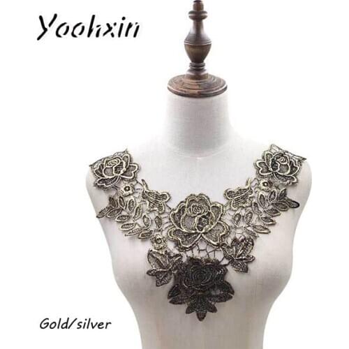 NEW rose gold silver flower embroidery lace collar Fabric Sewing Applique DIY guipure ribbon trim neckline craft wedding decor