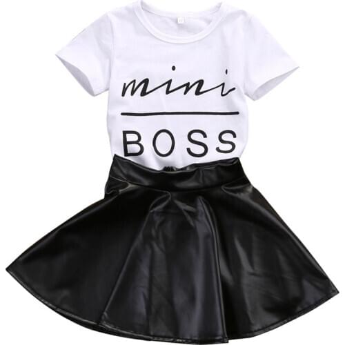 Toddler Kids Baby Girl Clothing Tops T-Shirts Cotton Short Sleeve Leather Skirts 2pcs Outfits Clothes Set Baby Girl
