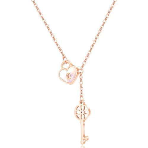 Shell lock Hollow key Rose gold pendant necklace women fashion kpop stainless steel jewelry accessories colgantes mujer moda