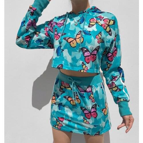 Butterfly Tie-dye Printing Casual Autumn Two-piece Womens Short Hooded Top and Mini Skirt Suit Set Fashionable Y2K Sportswear