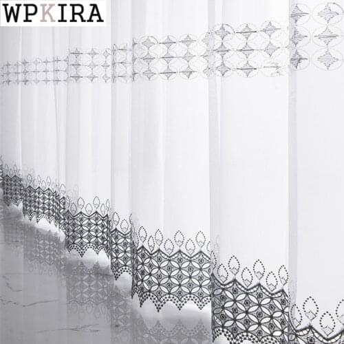 Romantic White Lace Curtain for Living Room Grey Sheer Drape Embroidery Voile Geometric Tulle Kitchen Bay Window S215#D