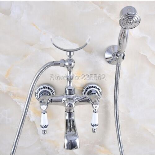 Bathtub Faucet Chrome Brass Wall Mounted Tub Sink Dual Handle With Handshower Bathroom Bath Shower Set Mixer Tap La706