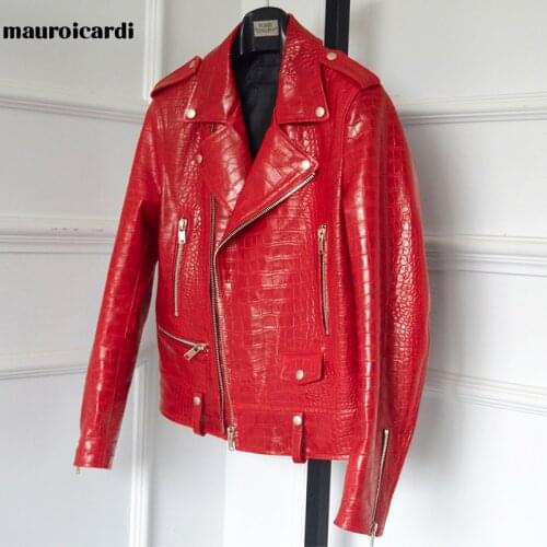 Mauroicardi Spring Red Crocodile Pattern Faux Leather Biker Jacket Long Sleeve Zipper Plus Size Streetwear designer Men Clothing
