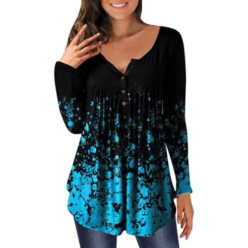 2021 New Style Autumn Women Loose Tops Ladies Flower Printing Long Sleeve Front Button Wide Hem Blouse Casual Base Shirt