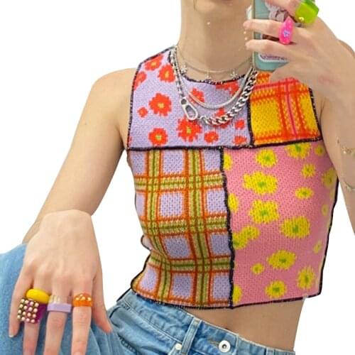 Fashion Women’s Round Neck Knitted Vest 90s Girls Contrast Color Flower Exposed Navel Sleeveless Tops Streetwear Autumn Clothes