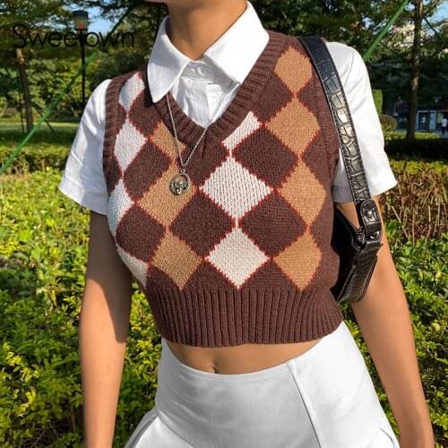 Sweetown Argyle Plaid Knitted Womens Sweater Vest England Preppy Style Cute New Clothes V Neck Casual 90s Knit Jumpers Knitwear