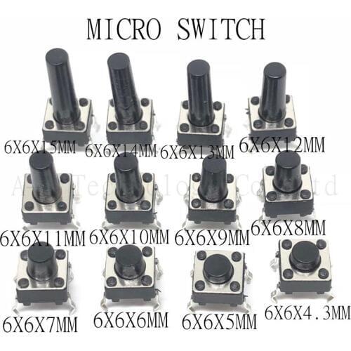 20PCS 4Pin 6*6 Micro Tact Push Button Switches DIP 6x6x4.3/5/6/7/8/9/10/11/12/13/14/15 MM 4.3mm 5mm 6mm 7mm 8mm 9mm 10mm 11mm