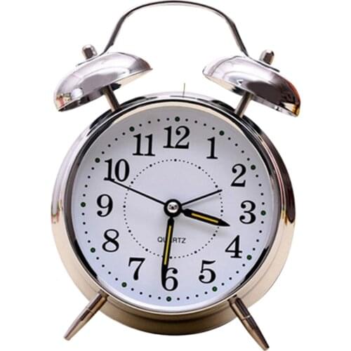 4'' Classic Non-ticking Quartz Analog Clock Nightlight Twin Bell Table Desktop Alarm Clock Silver