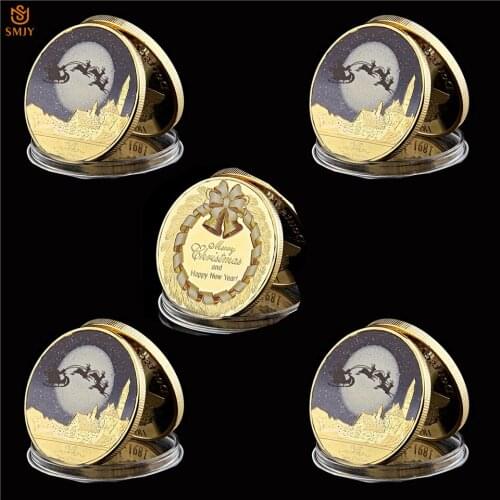 5PCS Merry Christmas Snowman And Deer Gold Plated Replica Coins Collectibles For Christmas Souvenir Metal Gifts