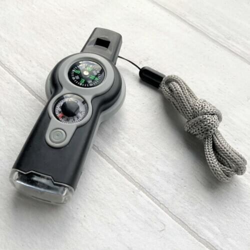 7 in 1 Emergency Survival Whistle Compass Magnifier Lens LED Signal Lights
