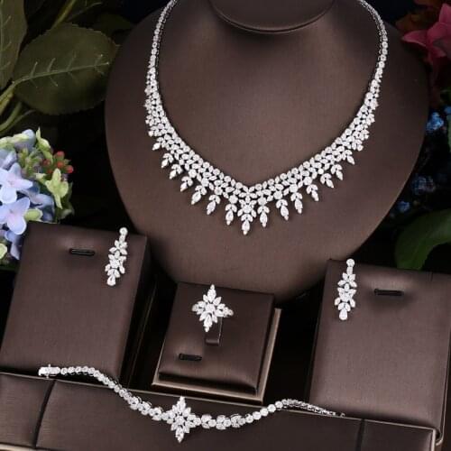 Janekelly 4pcs Bridal Zirconia Full Jewelry Sets For Women Party, Luxury Dubai Nigeria CZ Crystal Wedding necklace sets