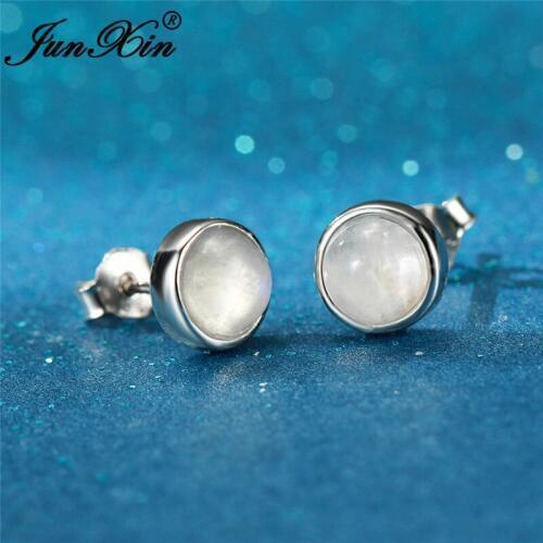 White Gold Filled Clear Moonstone Earrings Round Opal Stud Earrings For Women Men Minimalist Double Earings Wedding Jewelry